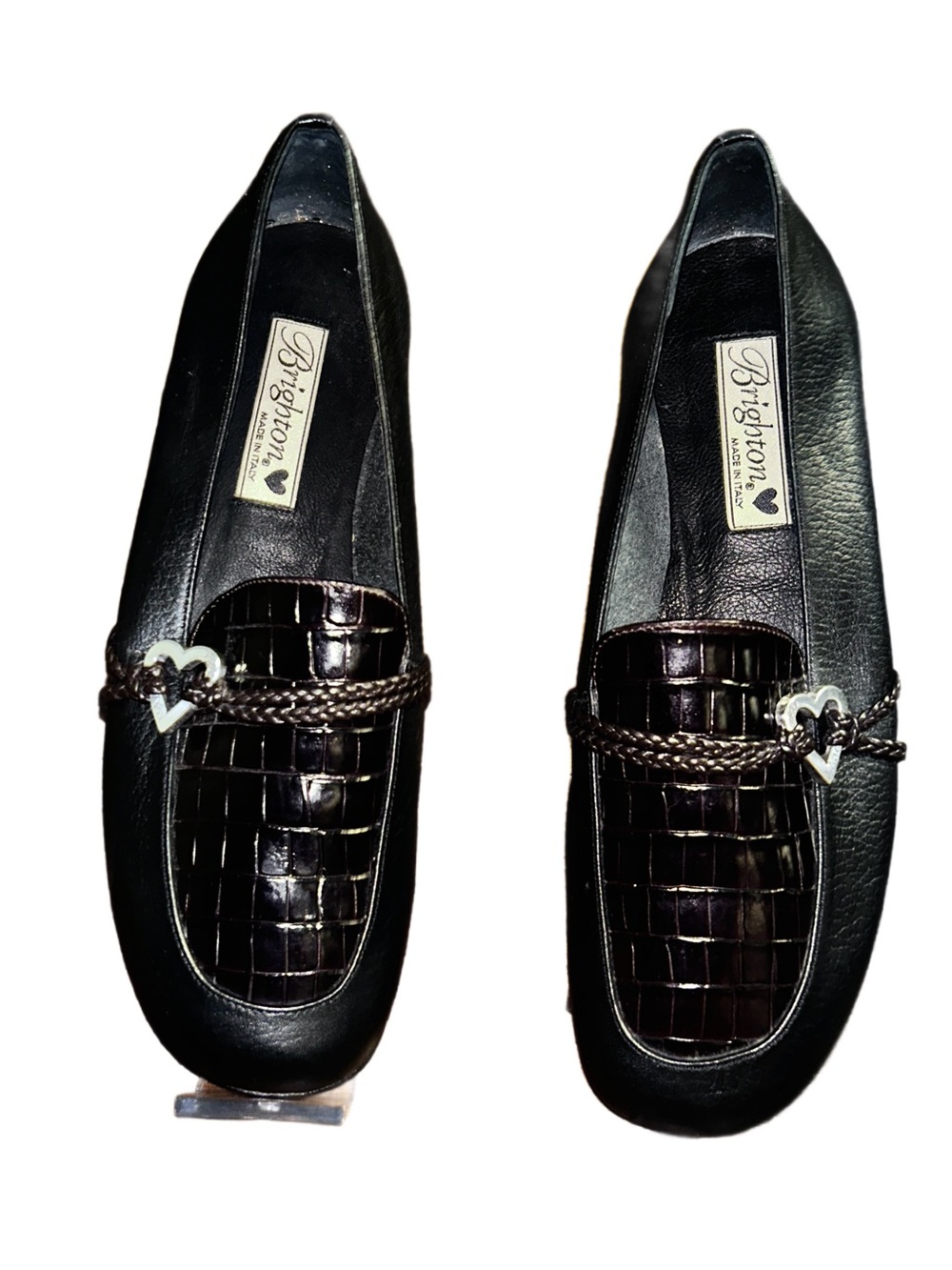 Brighton Colby Italy ~ 8 1/2 ~ Black Leather Croc Flat Loafers W/ Heart Charm
